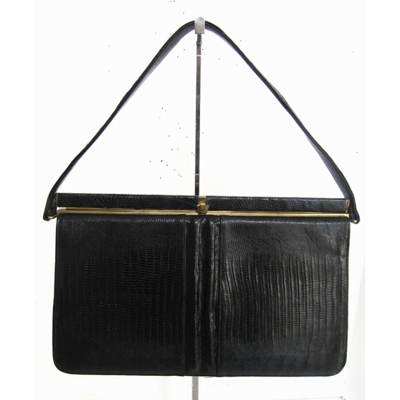 Sterling USA Genuine Lizzard Black Leather Vintage Handbag Purse Top Handle